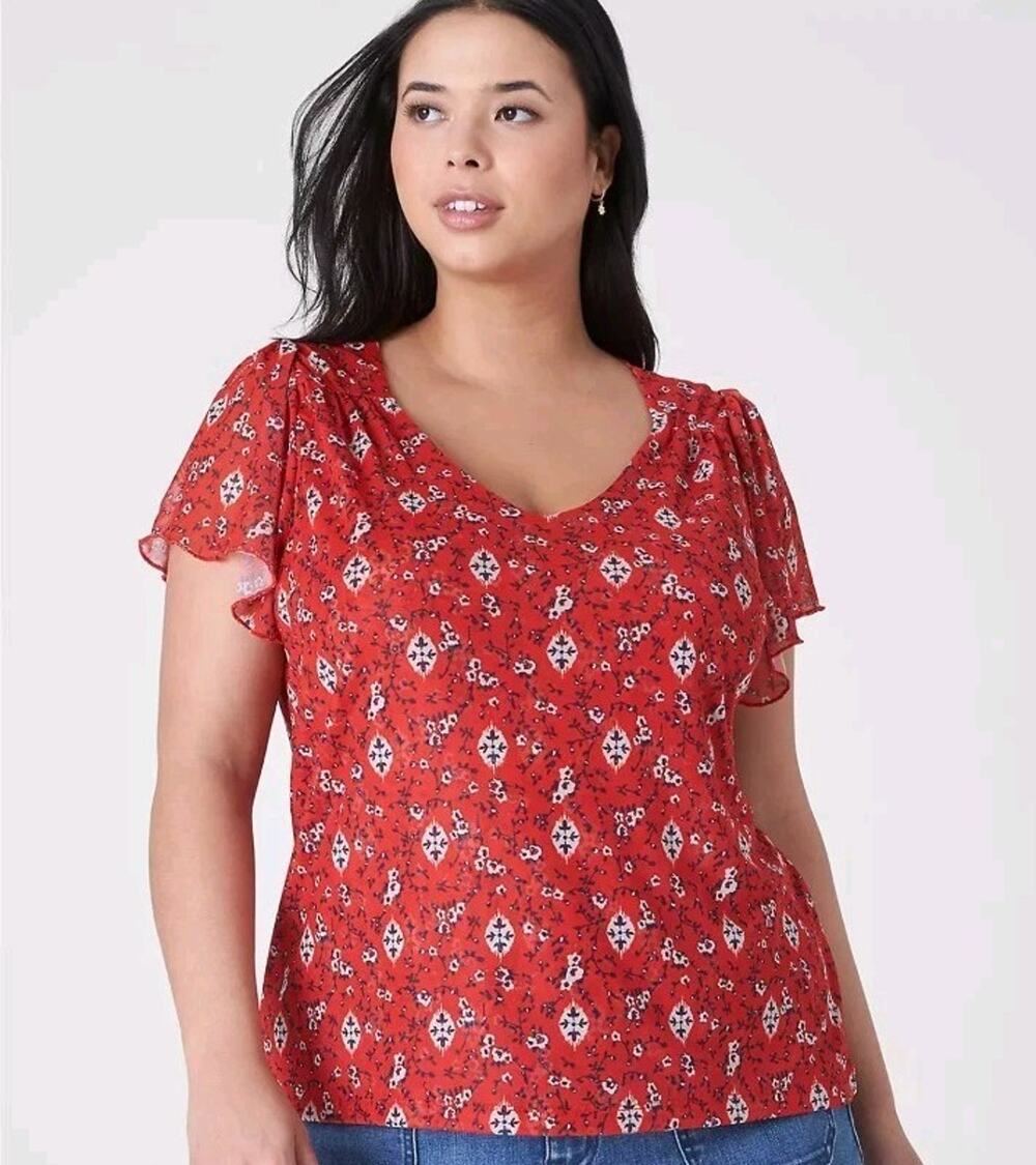 Lane Bryant Short Flutter Sleeve V Neck Mesh Top red blue white floral
